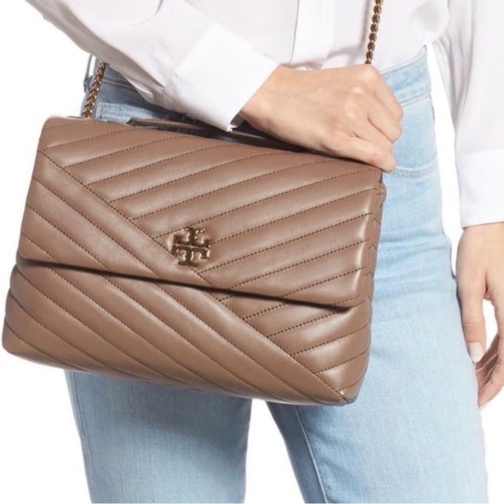 NWT Tory Burch Kiran Quilted Chevron Convertible Shoulder Bag - Classic Taupe